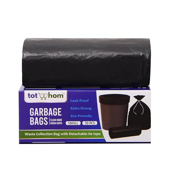 51-syFeKKiL._SX569_.jpg Tot2hom Small Size Garbage Bags 17 x 19 Inches – Black - Pack of 1 Roll - 30 Bags | with Tie-String | Strong Leak-Proof Dustbin Covers for Home, Office, Kitchen, Bathroom, cafes, Clinics - Image 1